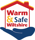 a logo - an image of a hand holding a house with the words warm and safe wiltshire written inside