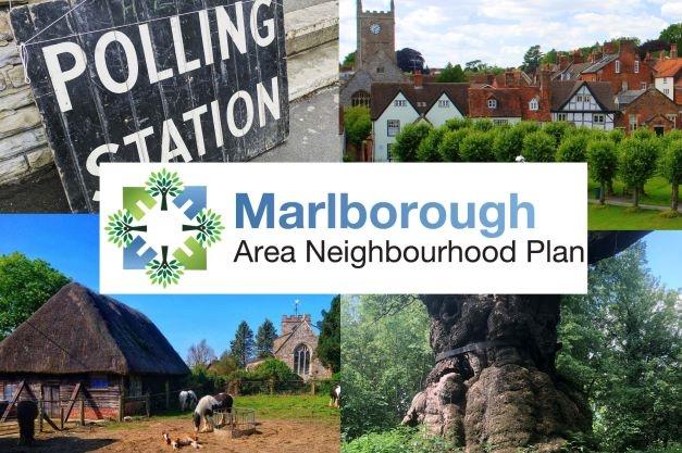 a collage image.  The words Marlborough Area Neighbourhood Plan appear with photos of a polling station sign and a townscape, rural scene and forest image