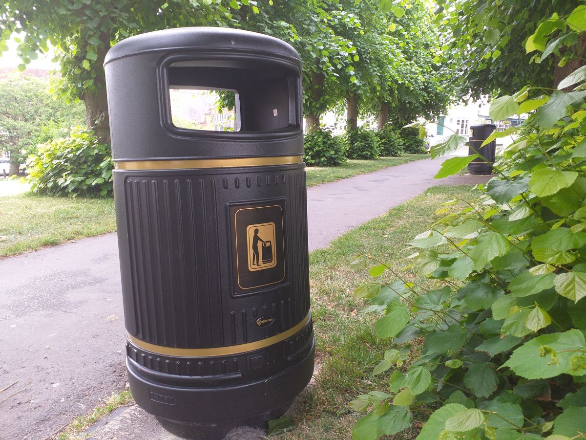 a photograph of litter bins near a footpath through an avenue of lime trees