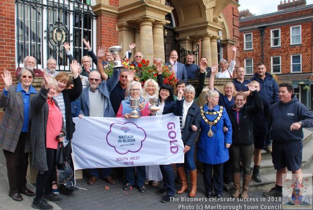 Photo.  A large group of people stand on the steps of an elaborate building.  They are smiling and waving at the camera. Some hold a flag with SOUTHWEST IN BLOOM GOLD printed on it