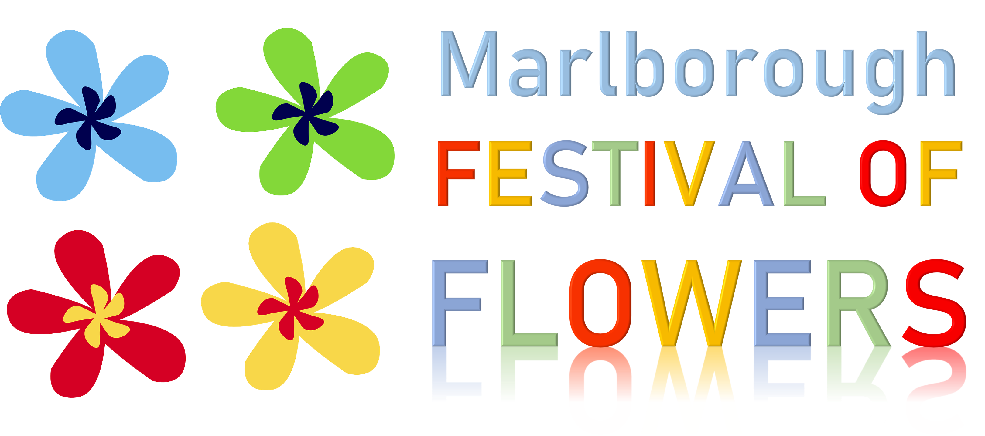 Logo: the words Marlborough Festival of Flowers picked out in different colours besides drawings of flowers