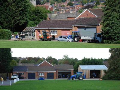 two images, one showing a series of buildings and the other the same buildings with additional extensions