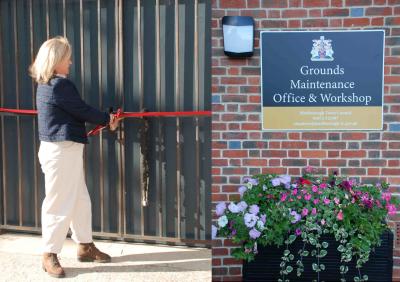 two images. In the left a blonde woman cuts a red ribbon stretched across a steel door. On the right, a sign reads Grounds Maintenance Office and Workshop.  It is attached to a brick wall above a planter containing colourful flowers